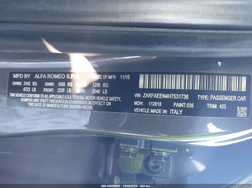 2017 Alfa Romeo Giulia Ti Awd VIN: ZARFAEEN4H7531736 Lot: 43859088