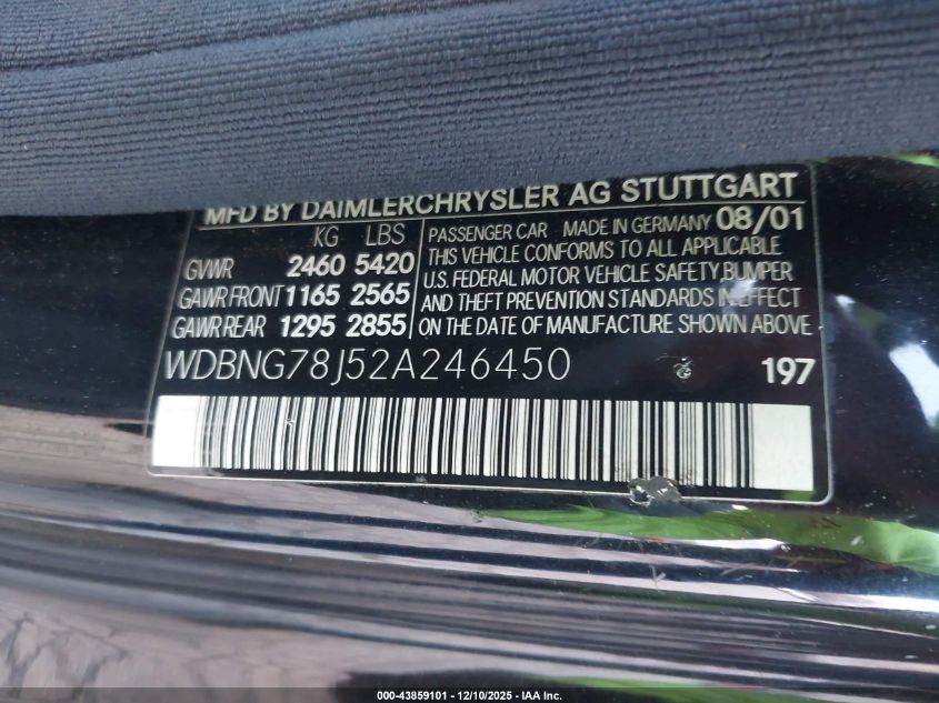 2002 Mercedes-Benz S 600 VIN: WDBNG78J52A246450 Lot: 43859101