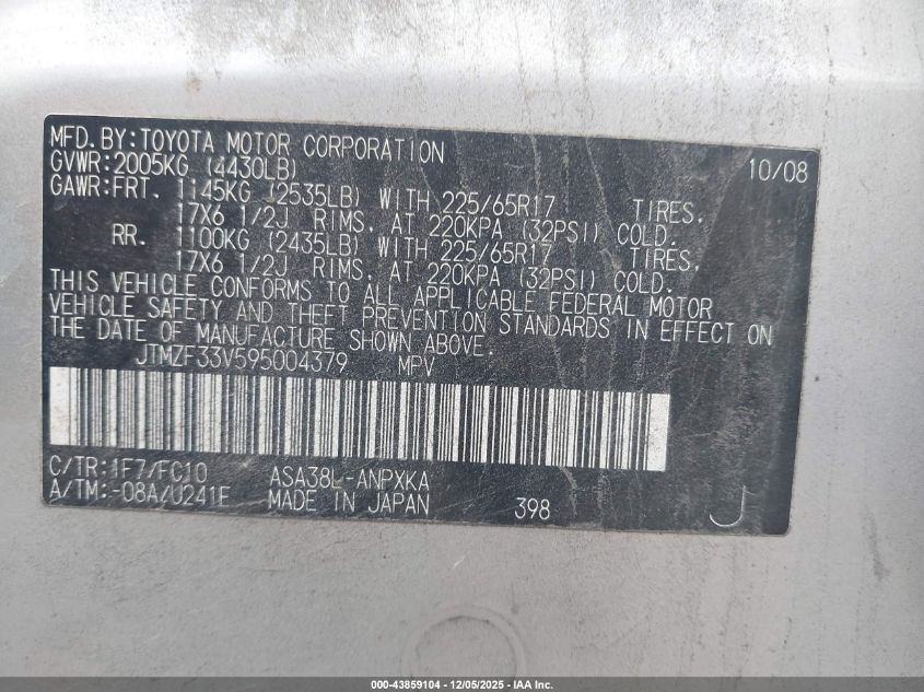 2009 Toyota Rav4 VIN: JTMZF33V595004379 Lot: 43859104