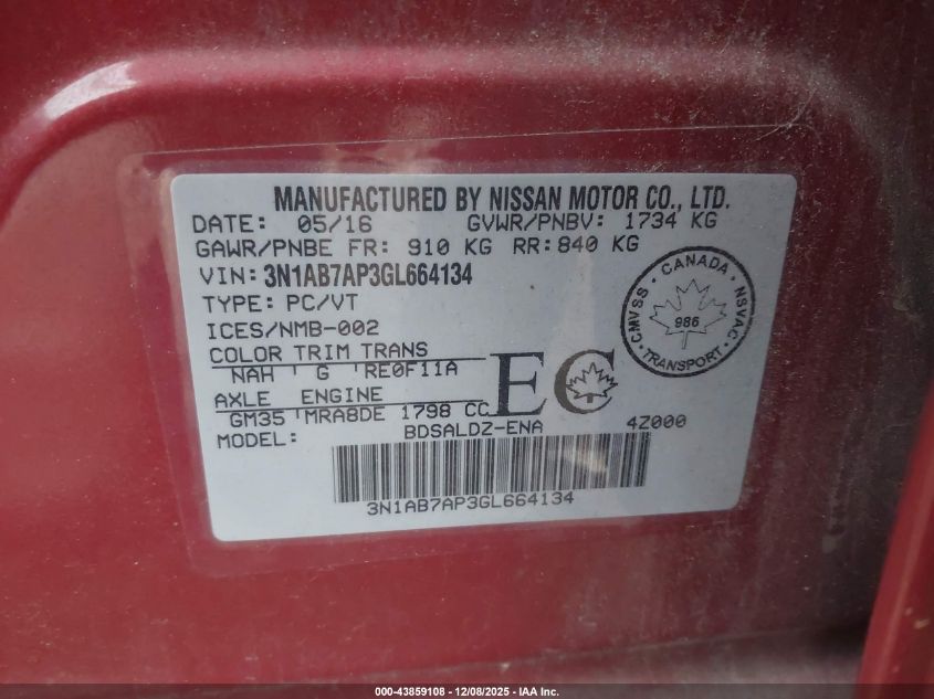 2016 Nissan Sentra Fe+ S/S/Sl/Sr/Sv VIN: 3N1AB7AP3GL664134 Lot: 43859108