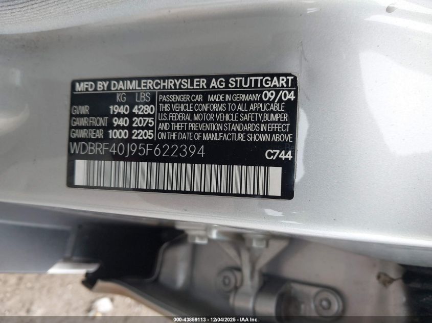 2005 Mercedes-Benz C 230 Kompressor Sport VIN: WDBRF40J95F622394 Lot: 43859113