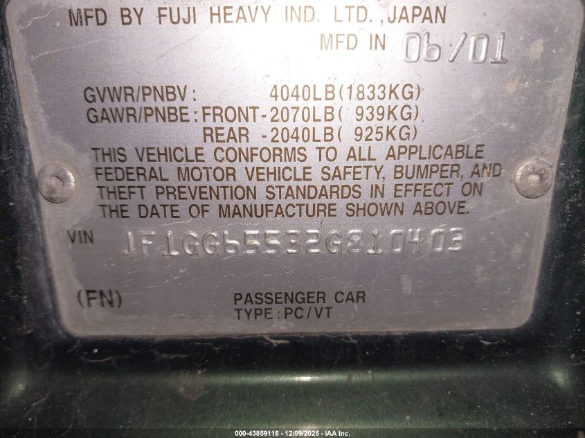 2002 Subaru Impreza 2.5Ts VIN: JF1GG65532G810403 Lot: 43859116