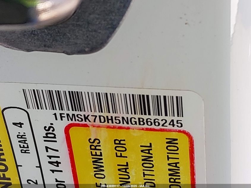 2022 Ford Explorer Xlt VIN: 1FMSK7DH5NGB66245 Lot: 43859117