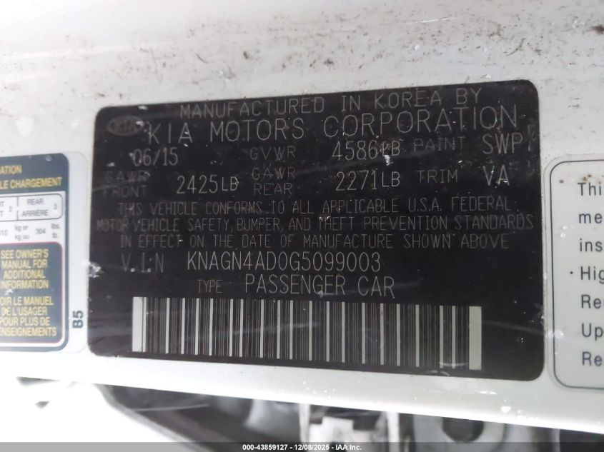 2016 Kia Optima Hybrid Ex VIN: KNAGN4AD0G5099003 Lot: 43859127