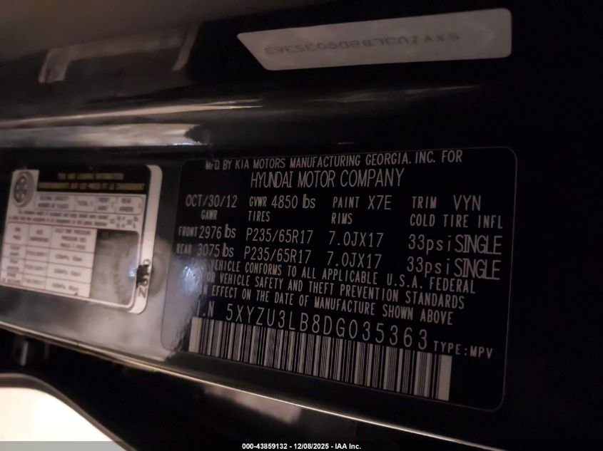 2013 Hyundai Santa Fe Sport VIN: 5XYZU3LB8DG035363 Lot: 43859132