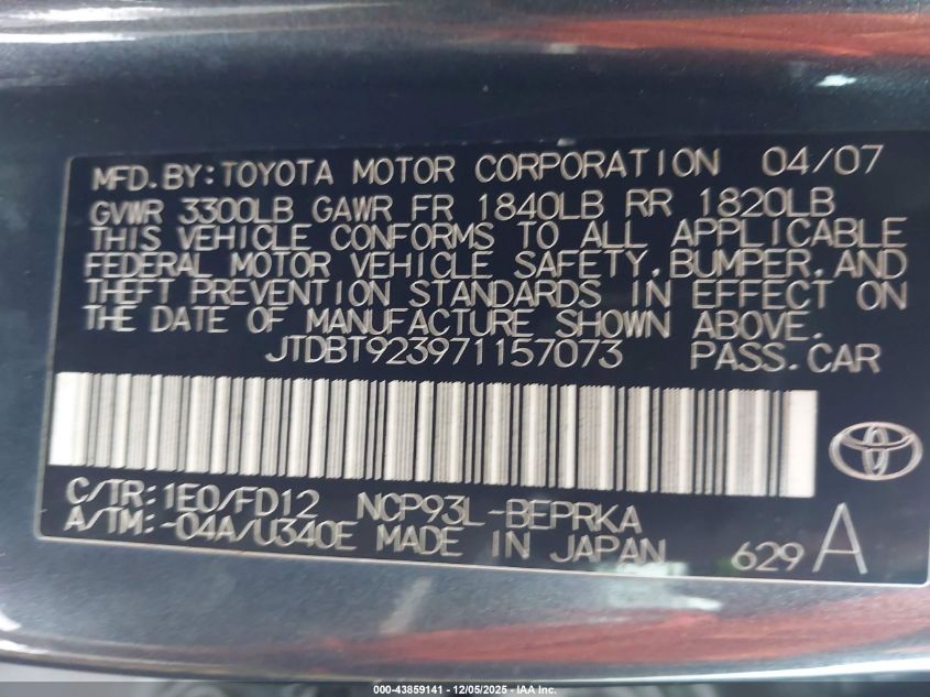 2007 Toyota Yaris VIN: JTDBT923971157073 Lot: 43859141