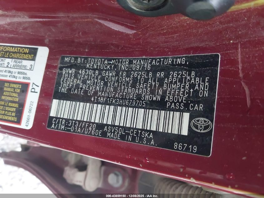 2017 Toyota Camry Se VIN: 4T1BF1FK3HU679705 Lot: 43859150