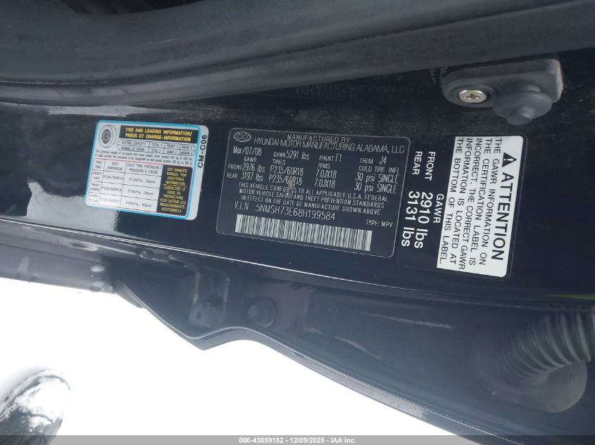 2008 Hyundai Santa Fe Limited/Se VIN: 5NMSH73E68H199584 Lot: 43859152
