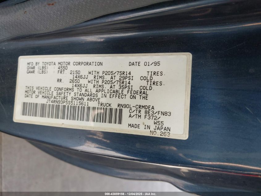 1995 Toyota Pickup 1/2 Ton Ex Lng Whlbase/Dx VIN: JT4RN93P5S5115611 Lot: 43859156