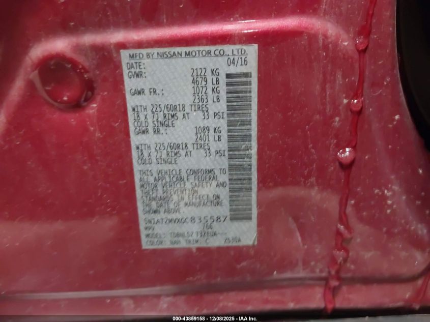 2016 Nissan Rogue Sl VIN: 5N1AT2MVXGC835587 Lot: 43859158