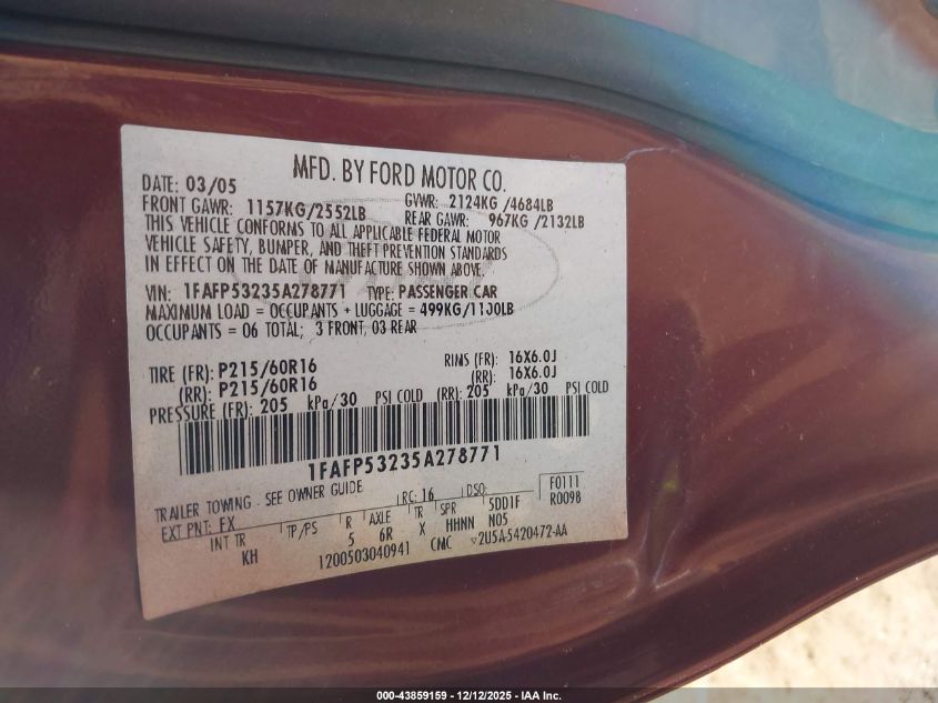 2005 Ford Taurus Se VIN: 1FAFP53235A278771 Lot: 43859159