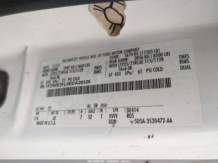 2014 Ford E-350 Cutaway VIN: 1FDWE3FL0EDA28326 Lot: 43859160