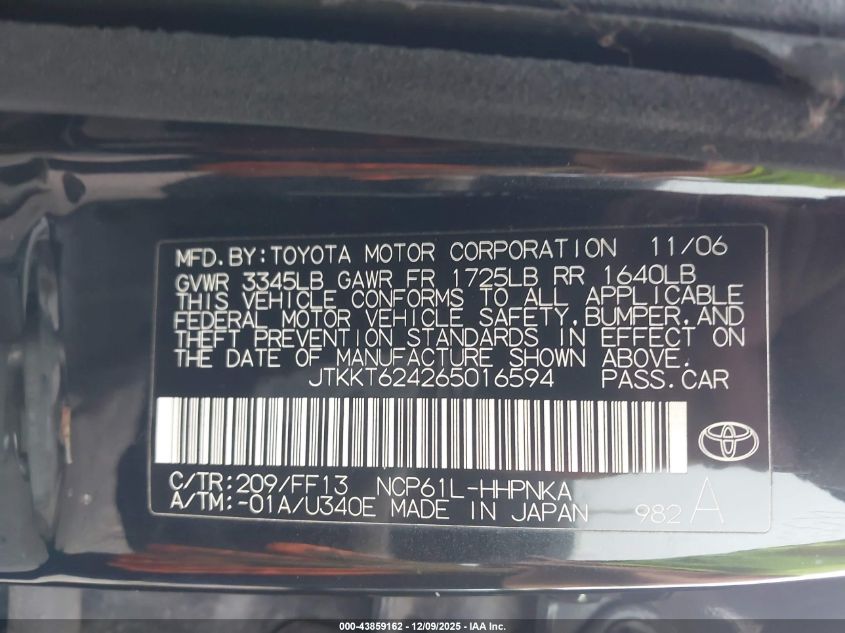 2006 Scion Xa VIN: JTKKT624265016594 Lot: 43859162