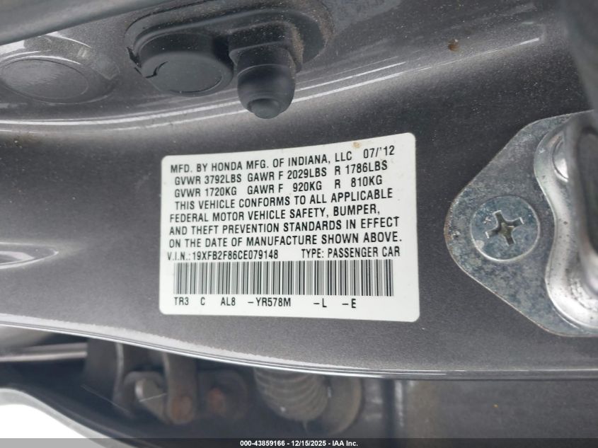 2012 Honda Civic Ex VIN: 19XFB2F86CE079148 Lot: 43859166