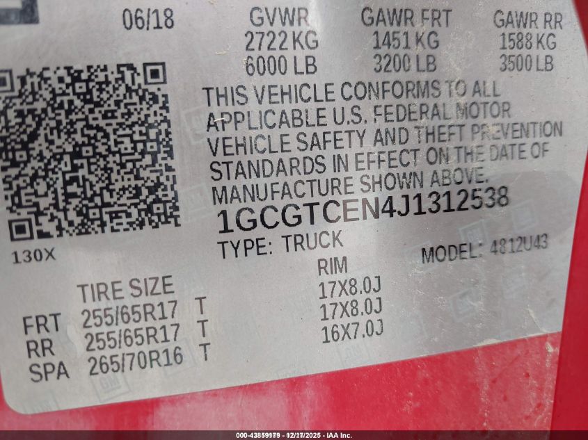 2018 Chevrolet Colorado Lt VIN: 1GCGTCEN4J1312538 Lot: 43859179