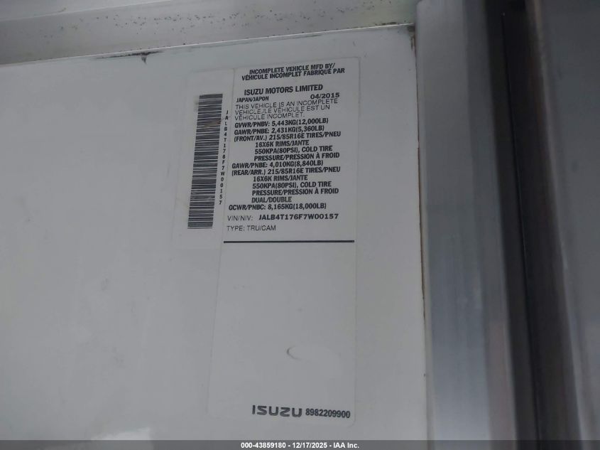 2015 Isuzu Commercial Van VIN: JALB4T176F7W00157 Lot: 43859180
