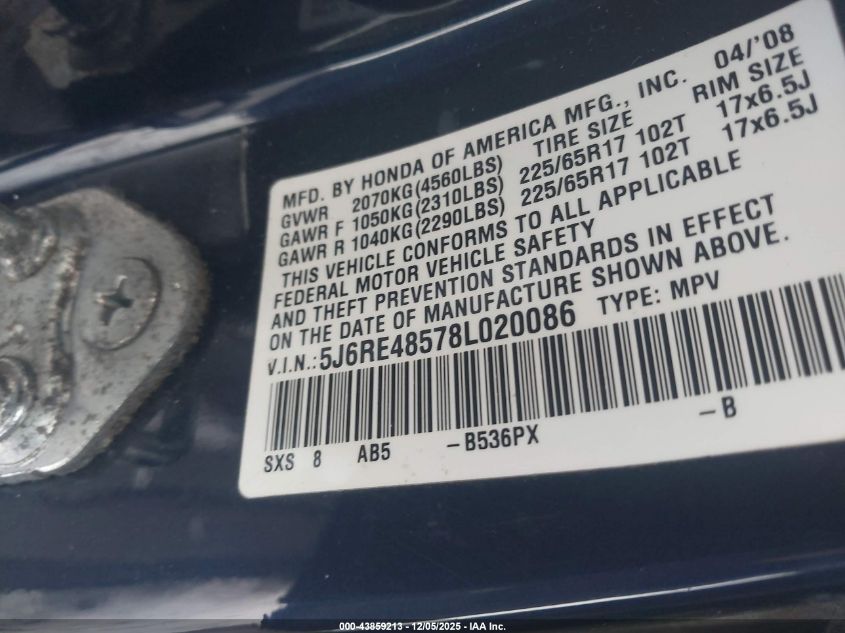 2008 Honda Cr-V Ex VIN: 5J6RE48578L020086 Lot: 43859213