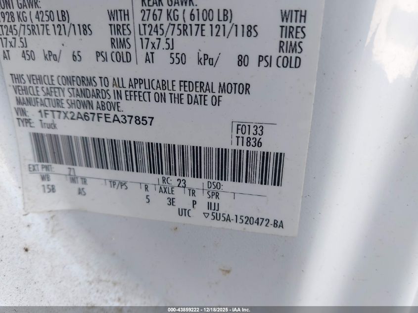 2015 Ford F-250 Xl VIN: 1FT7X2A67FEA37857 Lot: 43859222