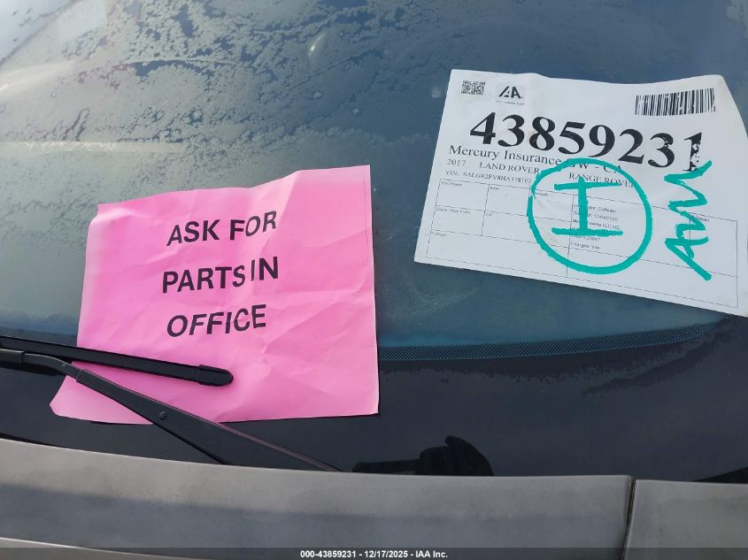 2017 Land Rover Range Rover 3.0L V6 Supercharged VIN: SALGR2FV8HA378102 Lot: 43859231