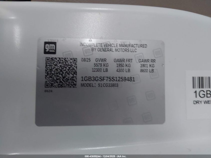 2025 Chevrolet Express Cutaway Work Van VIN: 1GB3GSF75S1259481 Lot: 43859244