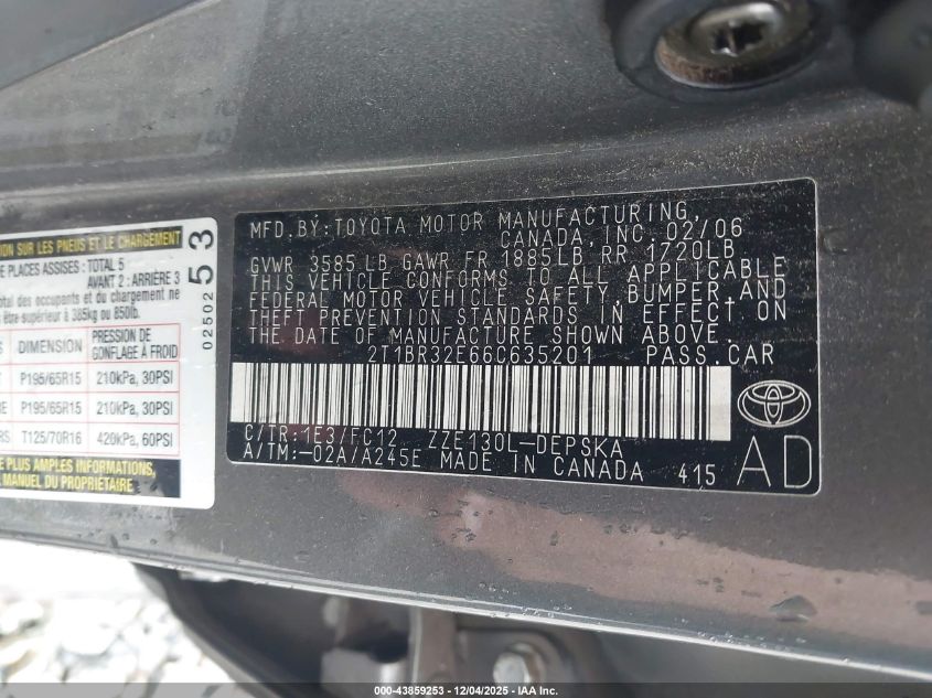 2006 Toyota Corolla S VIN: 2T1BR32E66C635201 Lot: 43859253