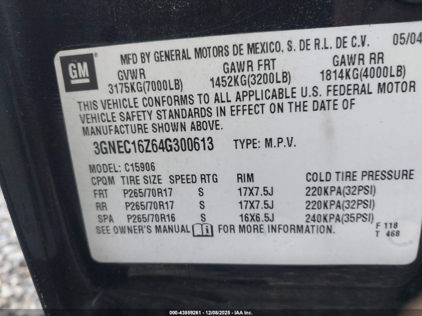 2004 Chevrolet Suburban 1500 Lt VIN: 3GNEC16Z64G300613 Lot: 43859261