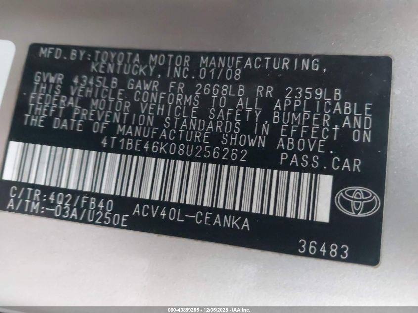 2008 Toyota Camry VIN: 4T1BE46K08U256262 Lot: 43859265