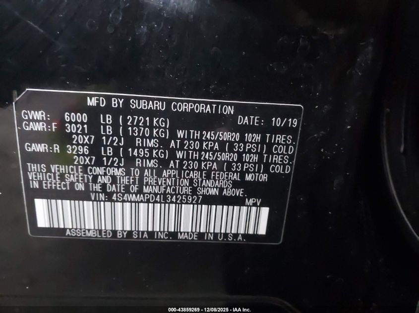 2020 Subaru Ascent Limited VIN: 4S4WMAPD4L3425927 Lot: 43859269