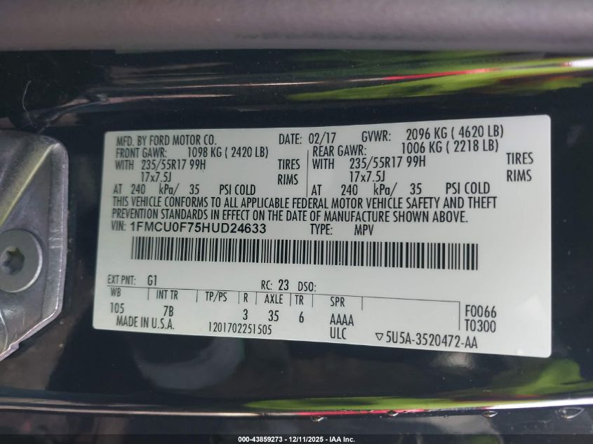 2017 Ford Escape S VIN: 1FMCU0F75HUD24633 Lot: 43859273