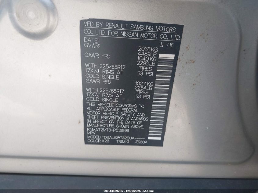 2017 Nissan Rogue Sv VIN: KNMAT2MT3HP516996 Lot: 43859285