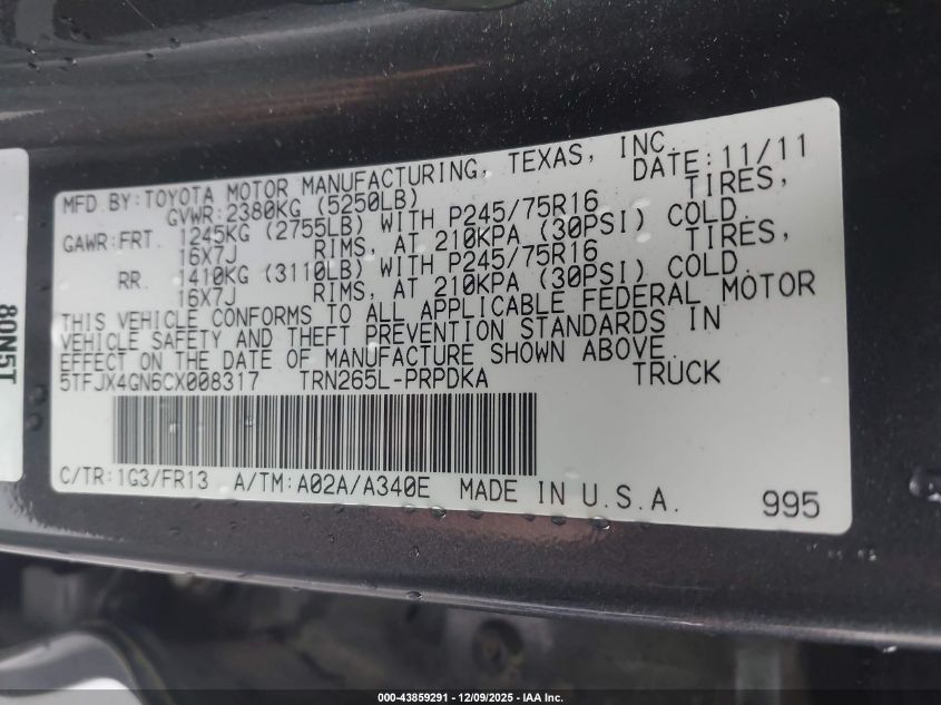 2012 Toyota Tacoma Prerunner VIN: 5TFJX4GN6CX008317 Lot: 43859291