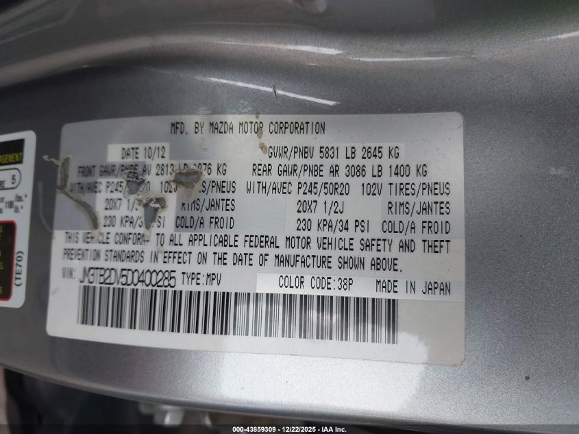 2013 Mazda Cx-9 Grand Touring VIN: JM3TB2DV5D0400285 Lot: 43859309