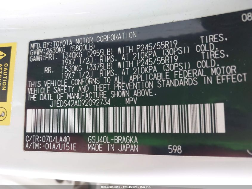 2009 Toyota Highlander Limited VIN: JTEDS42A092092734 Lot: 43859310