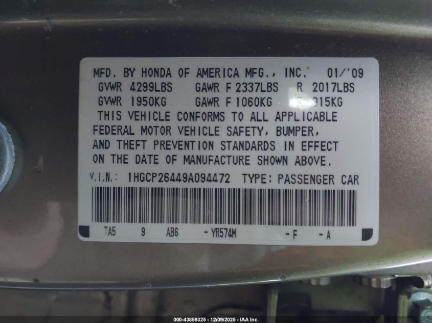 2009 Honda Accord 2.4 Lx-P VIN: 1HGCP26449A094472 Lot: 43859325