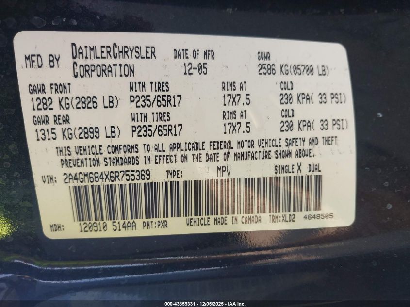 2006 Chrysler Pacifica Touring VIN: 2A4GM684X6R755369 Lot: 43859331