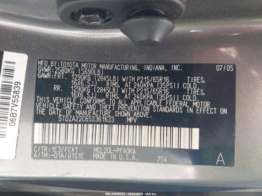 2005 Toyota Sienna Xle VIN: 5TDZA22C65S361633 Lot: 43859333