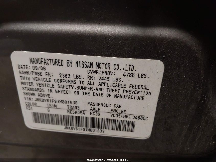 2007 Infiniti G35X VIN: JNKBV61F97M801639 Lot: 43859363