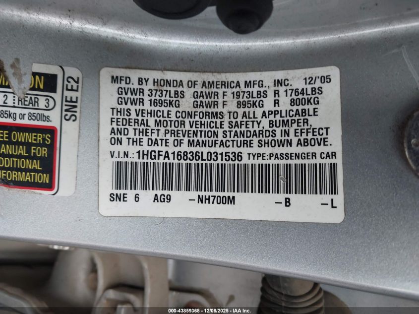 2006 Honda Civic Ex VIN: 1HGFA16836L031536 Lot: 43859368