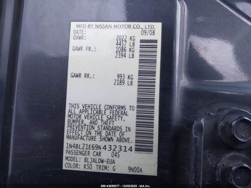 2009 Nissan Altima 3.5 Se VIN: 1N4BL21E69N432314 Lot: 43859377