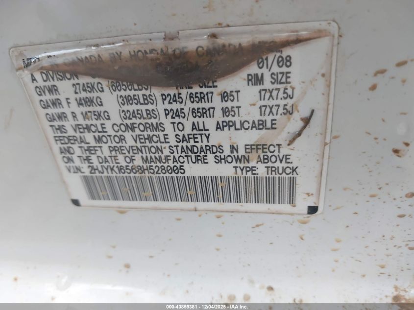 2008 Honda Ridgeline Rtl VIN: 2HJYK16568H528005 Lot: 43859381