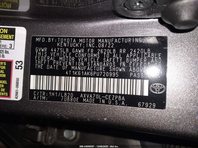 2023 Toyota Camry Xse VIN: 4T1K61AK6PU720995 Lot: 43859397