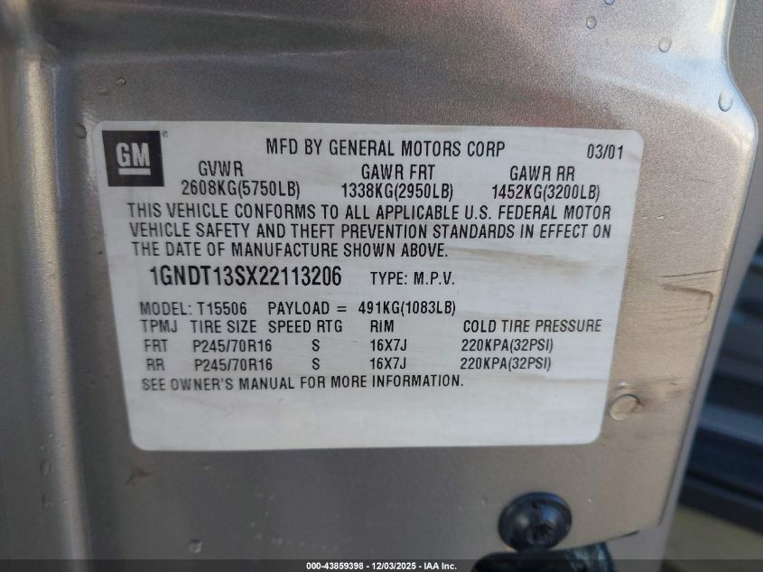 2002 Chevrolet Trailblazer Lt VIN: 1GNDT13SX22113206 Lot: 43859398