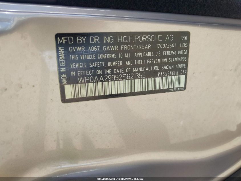 2002 Porsche 911 Carrera 4S/Turbo VIN: WP0AA29992S621355 Lot: 43859403