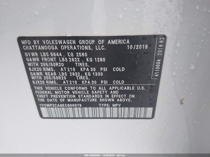 2019 Volkswagen Atlas 2.0T Se W/Technology VIN: 1V2WP2CA6KC609079 Lot: 43859408