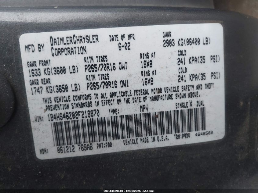 2002 Dodge Durango Slt VIN: 1B4HS48Z02F219870 Lot: 43859410