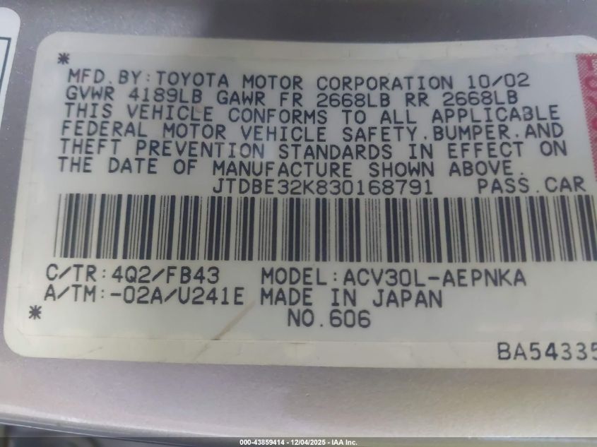 2003 Toyota Camry Le VIN: JTDBE32K830168791 Lot: 43859414