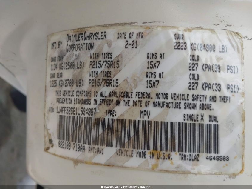 2001 Jeep Cherokee Limited/Sport VIN: 1J4FF58S81L594987 Lot: 43859425