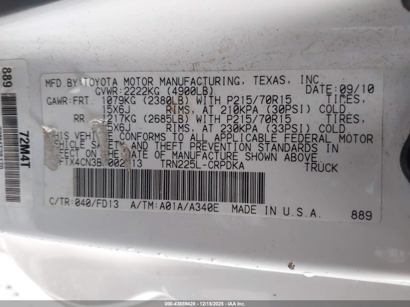 2011 Toyota Tacoma VIN: 5TFTX4CN3BX002813 Lot: 43859428