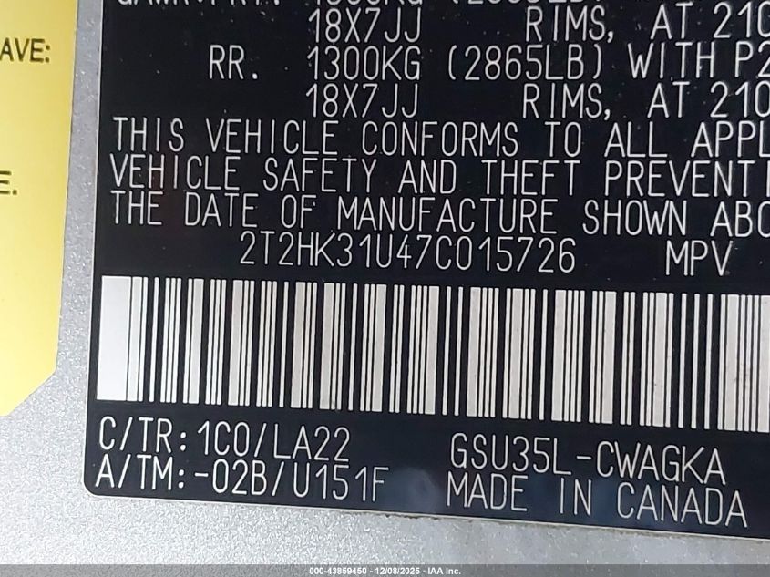 2007 Lexus Rx 350 VIN: 2T2HK31U47C015726 Lot: 43859450