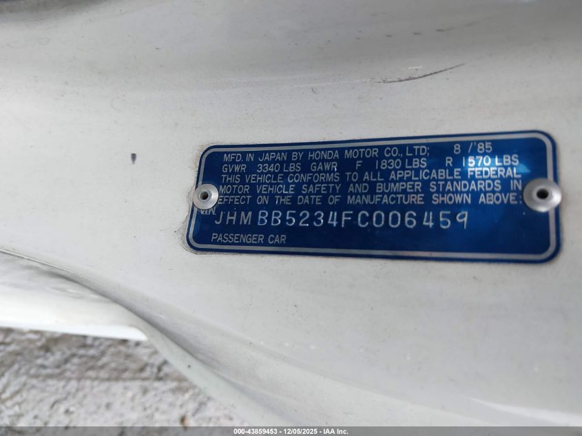 1985 Honda Prelude Si VIN: JHMBB5234FC006459 Lot: 43859453